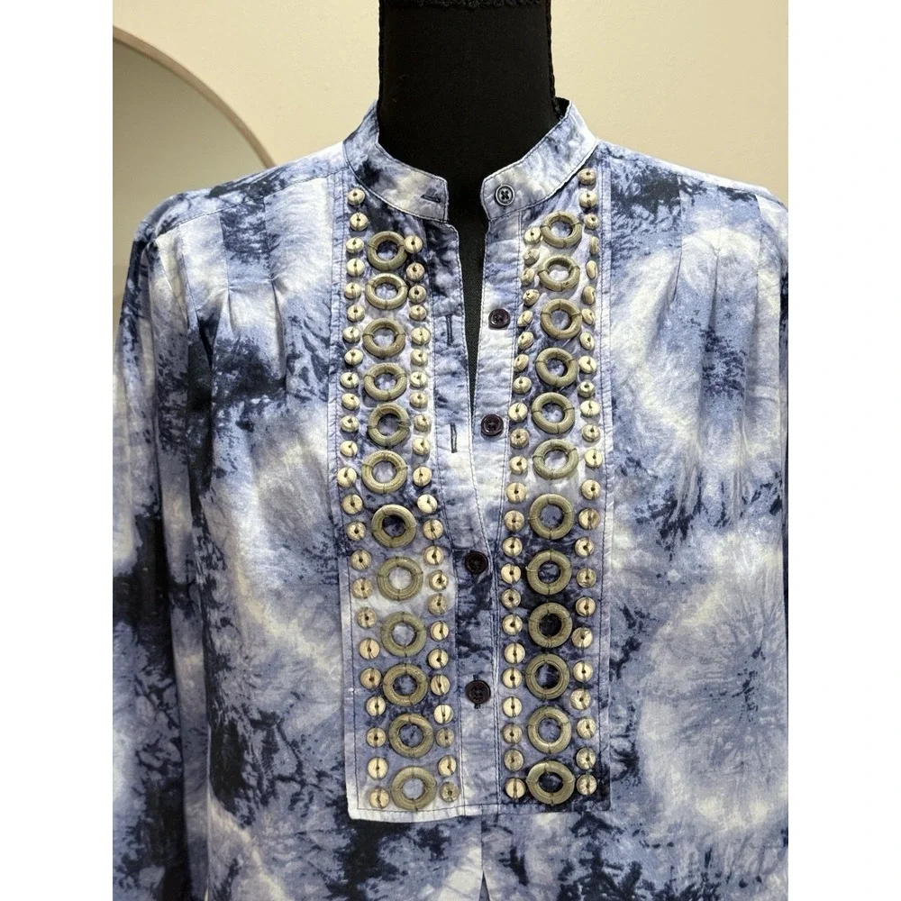 Michael Kors Top‎ M Blue Tie-Dye Beaded Bib Pleated Hippie Boho Peasant Popover